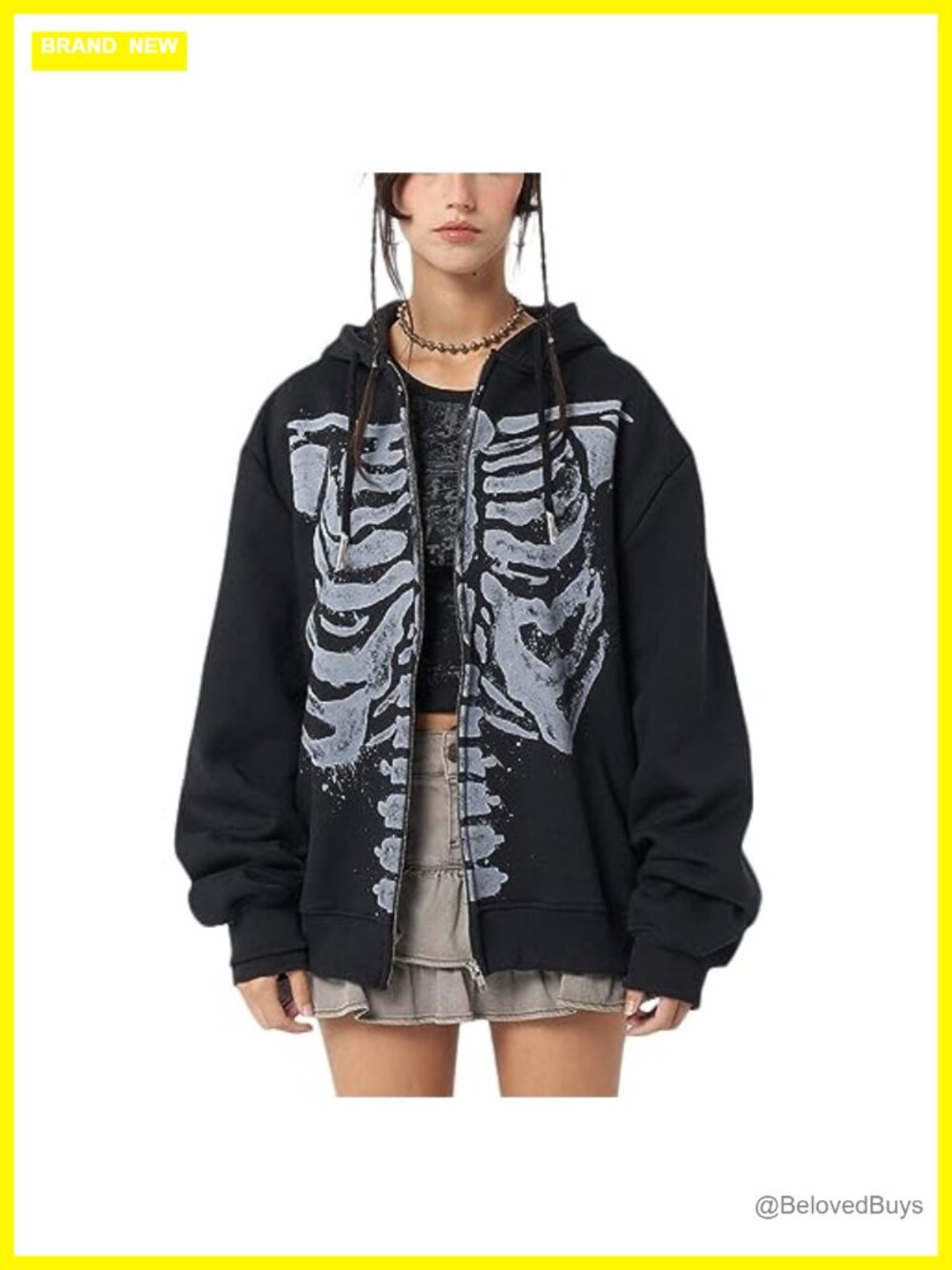 Women's Y2K Skeleton Zip Up Oversized Hoodie Long Sleeve Grunge Sweatshirt